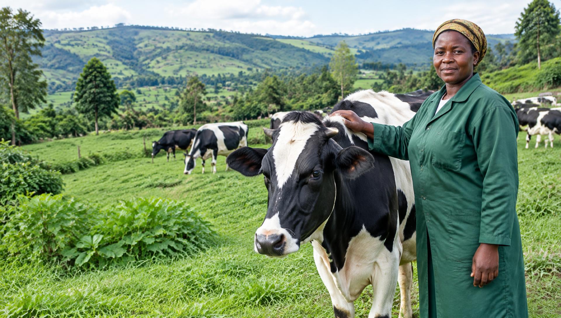 Illustrative Kenyan smallholder dairy farmer with a healthy cow on a green farm
